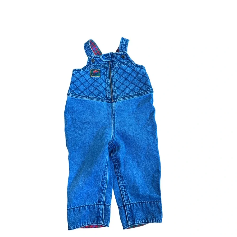 Gymboree Vintage Kids Blue Denim Quilted Overalls Plaid Lined Car Patch XS